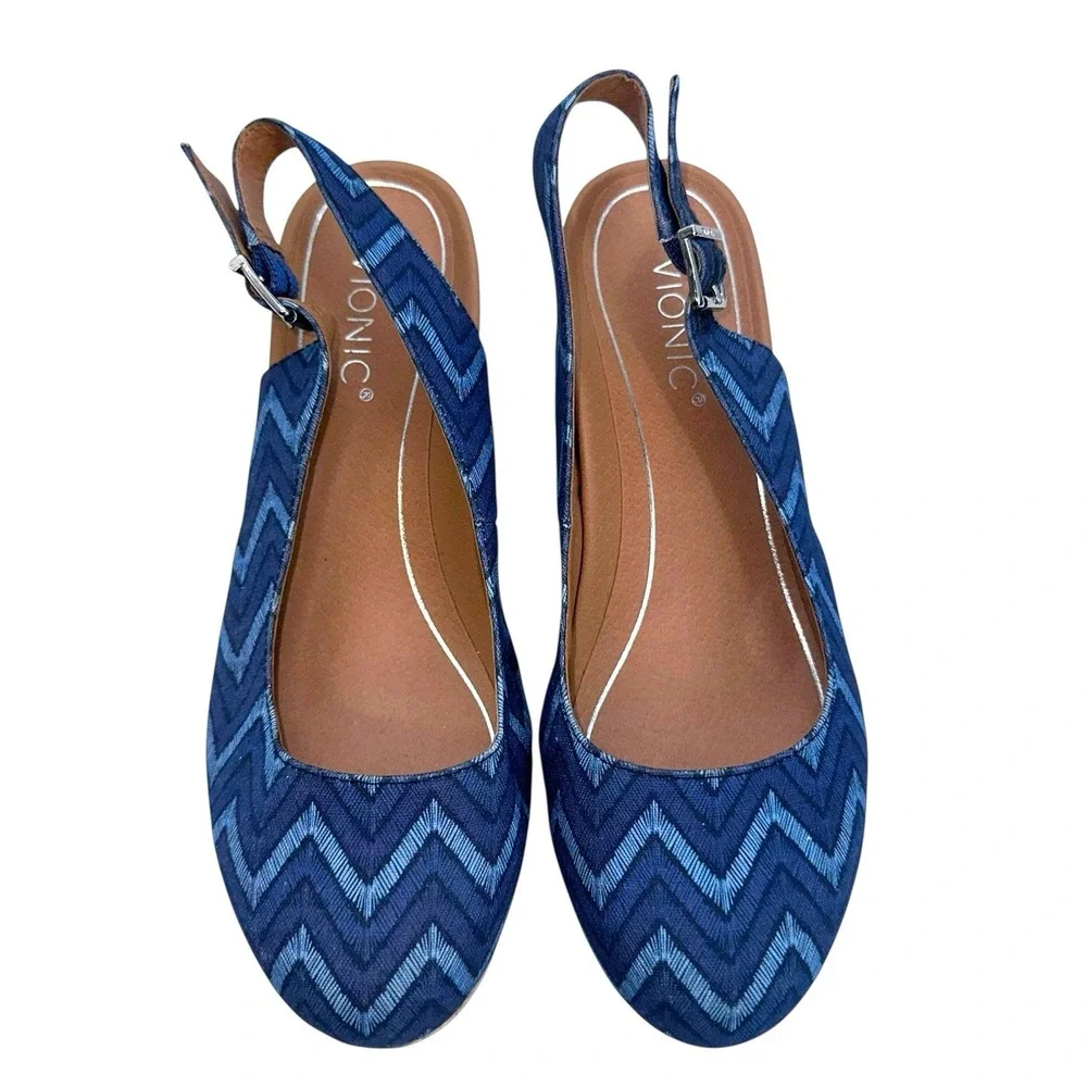 Vionic Coralina‎ Espadrille Blue Chevron Print Slingback Wedge Sandals 9.5 Wide